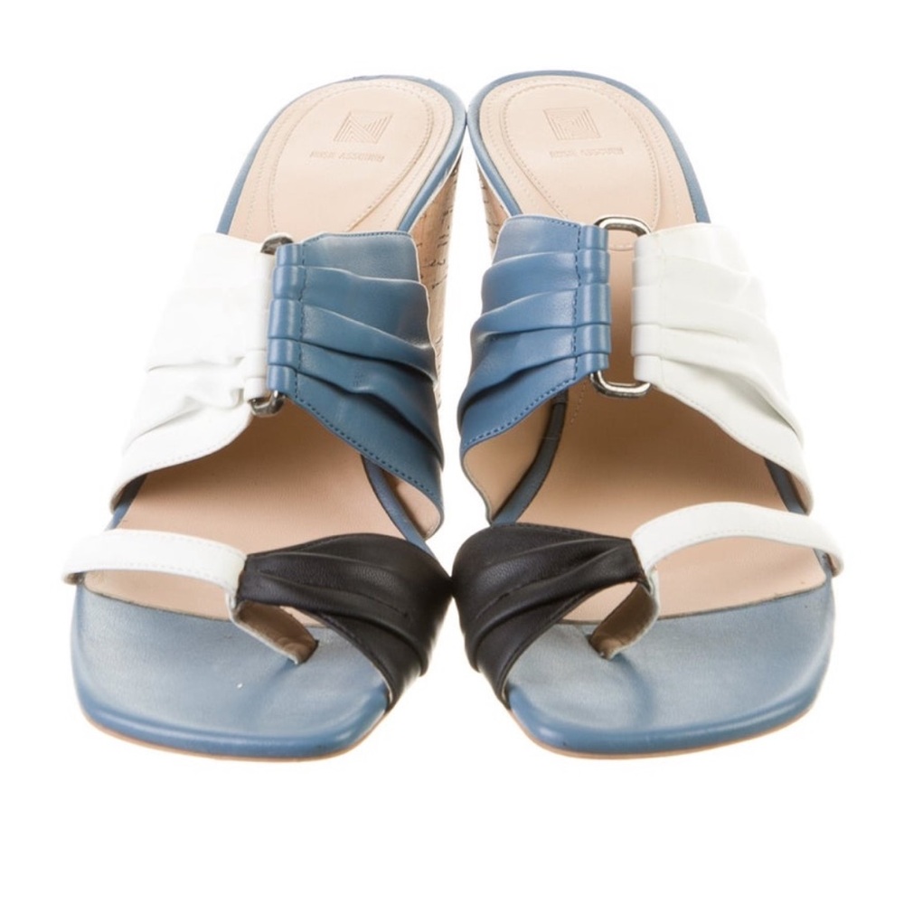 Rosie Assoulin Sandals Colorblock White Blue Leather Pleated Accent Size 10